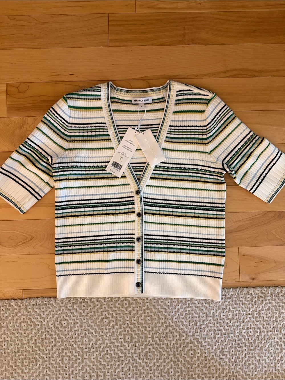 NWT Veronica Beard White Ribbed V-Neck Button Stripe Cardigan